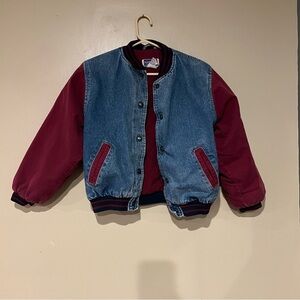 Vintage Northcrest Girls 10-12 Denim Maroon Bomber Varsity Button Jacket